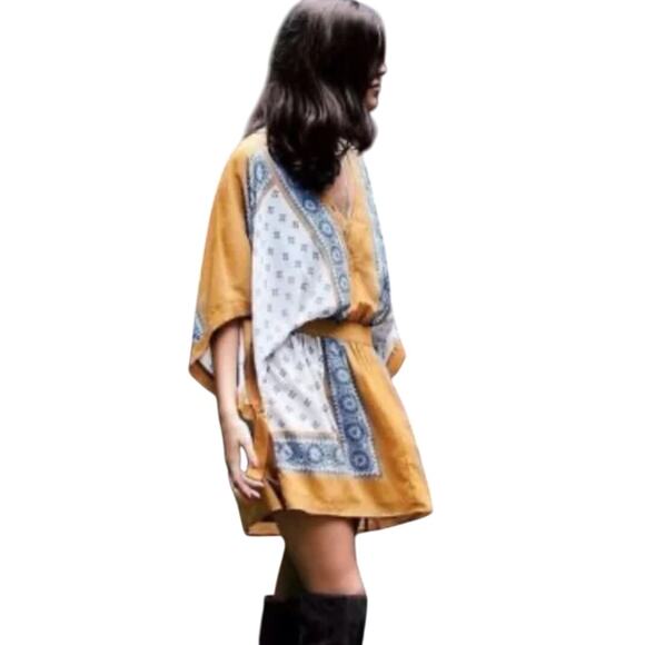 Free People Size S Santa Cruz Kimono Mini Dress Golden Rod Dolman Floral Boho - Picture 1 of 11